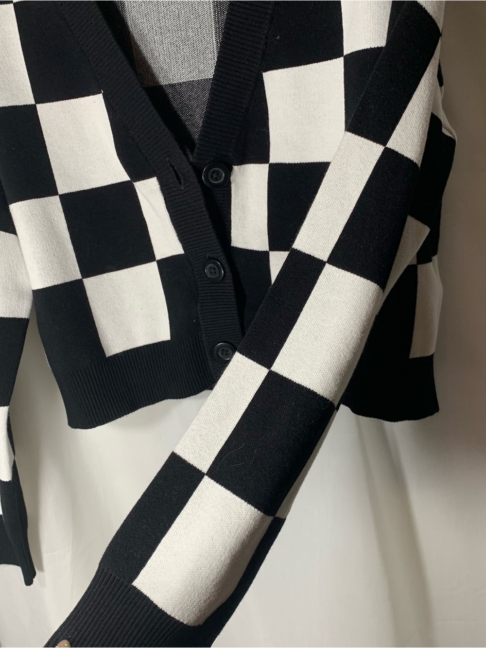 Garage Black and White Checkerboard V-Neck Cardigan - Picture 3 of 5